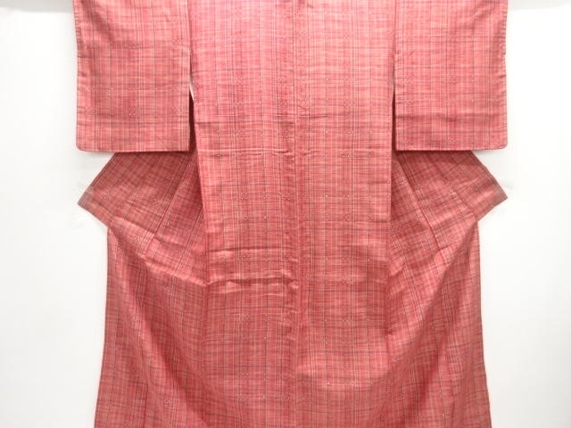 乱れ格子に水玉模様織り出し手織り紬着物